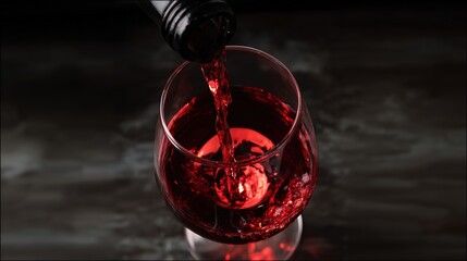 goblet. Wine pouring into a glass from above, rich burgundy liquid with motion. bar promotions, beverage menus, designed for product packaging and bar promotions, elevates brand perception.