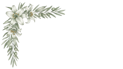 Delicate elegant watercolor corner frame featuring lilies and olive branches in neutral sage green isolated on white background