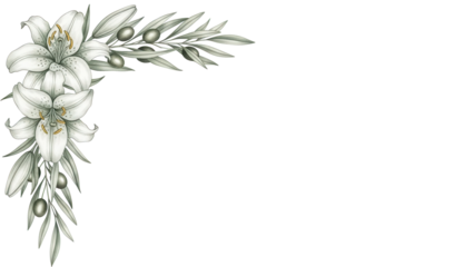 Delicate elegant watercolor corner frame featuring lilies and olive branches in neutral sage green isolated on white background