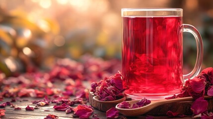 Rose tea in glass mug, scattered petals