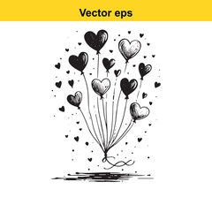 A charming black and white hand drawn sketch of a bunch of heart balloons