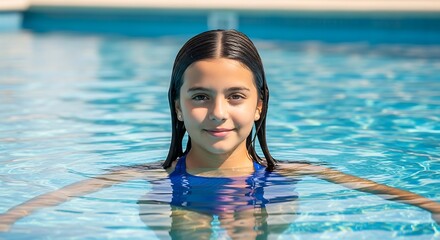 A young girl, waist-up, smiles directly at the viewer while submerged in a pool, her wet hair framing her face