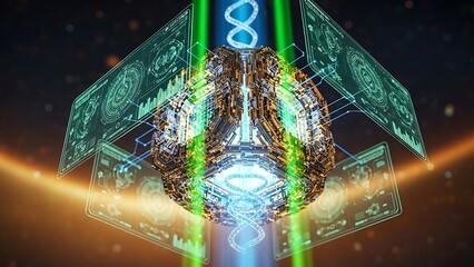 Futuristic DNA helix with digital circuit board technology