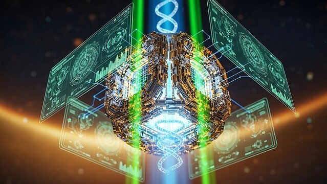 Futuristic DNA helix with digital circuit board technology - Powered by Adobe