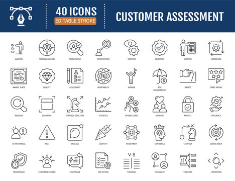 Customer assessment icon set. Includes service, feedback, satisfaction, survey, evaluation, quality, experience. Vector illustration with editable strokes