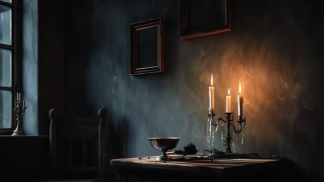 A dimly lit room with a candelabra on a wooden table, casting a warm glow on the textured wall, featuring a window and framed pictures.