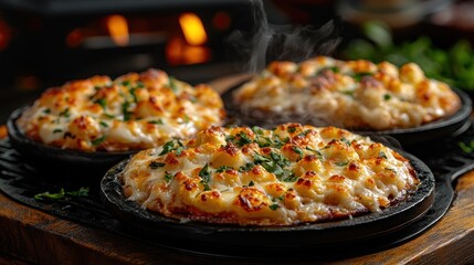Three gourmet mac and cheese pizzas, steaming hot