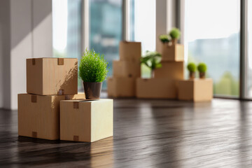 Stacks of cardboard boxes with green potted plants on a wooden floor in a bright modern apartment during a moving or relocation process on a sunny day