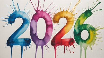 Colorful 2026 New Year Artistic Splash – Creative Watercolor Paint Numbers, Vibrant Ink Splatter Design for Holiday Celebration, Modern Abstract Typography Background & Vivid Liquid Style Illustration