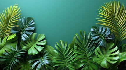 Tropical foliage border on teal background