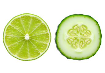 Lime and cucumber slices cross sections side by side isolated on transparent background for fresh food and beverage design