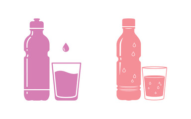 Water Bottle and Glass featuring Droplets Line and a Colorful Icon Set. Clean Water and Hydration represented by Outline and Solid Symbols. Editable Stroke. Isolated Vector Illustration.