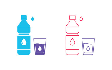 Set of Icons with a Water Bottle and Glass featuring Droplets Line and Colorful Design. Symbols for Clean Water and Staying Hydrated in Outline and Solid. Stroke can be Edited. Vector Illustration