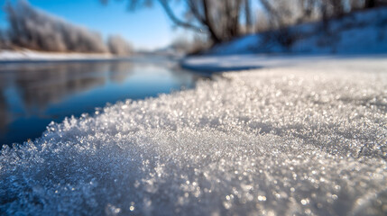 Sparkling frost crystals covering the ground near a calm river with a frosty winter forest background under a clear blue sky on a sunny day