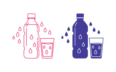 Icon Set featuring a Water Bottle and Glass with Droplets Line and Colorful Design. Outline and Solid Symbol for Clean Water and Staying Hydrated. Editable Stroke. Vector Illustration Isolated.