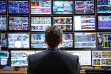 Financial analyst monitoring multiple digital screens displaying complex market data and stock charts in a high-tech trading room setting