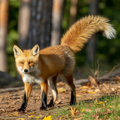 Red fox walking gracefully in a forest with a bushy tail and alert expression