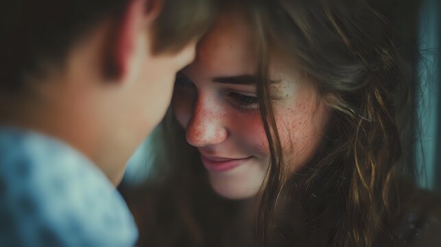 Young couple sharing intimate moment with woman looking down shyly while man gazes at her tenderly in soft romantic lighting for relationship content.