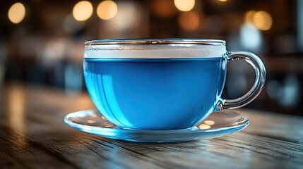 Vibrant blue tea in a clear glass cup