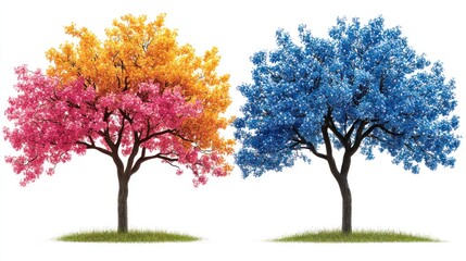 Two vibrant trees, one orange-pink, the other blue, stand on a grassy knoll