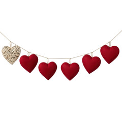 Decorative heart garland with rustic accent isolated on transparent background