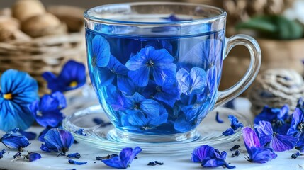 Vibrant blue floral tea in a glass cup