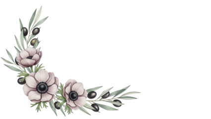 Delicate hand painted watercolor corner design with anemones and olive branches in muted mauve isolated on white background