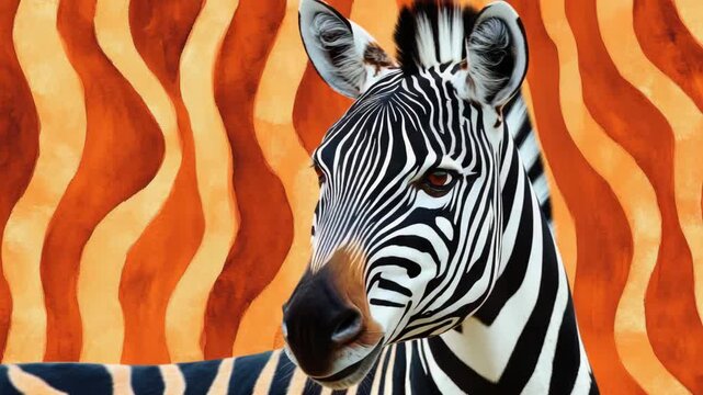 Zebra head against orange wavy abstract background, digital art style.