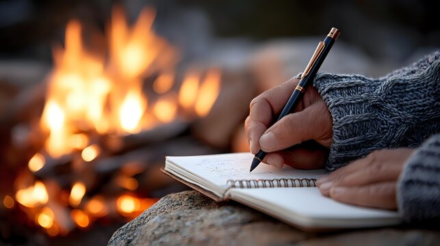 Person in cozy sweater writing in notebook by warm fireplace creating peaceful winter evening atmosphere for journaling and reflection.