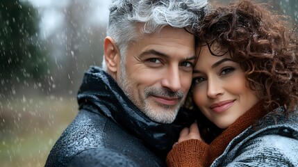 Mature couple embracing outdoors in gentle snowfall, showing love and connection during winter season for relationship and romance concepts.