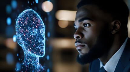 Young African American businessman in suit analyzing glowing digital brain hologram with neural network connections in modern office environment.