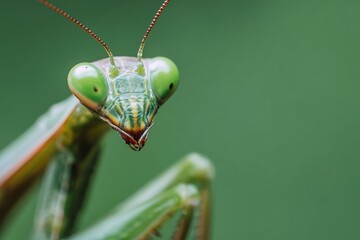 Macro close up portrait of praying mantis insect head with big green eyes