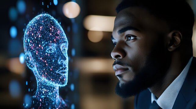 Young African American businessman in suit analyzing glowing digital brain hologram with neural network connections in modern office environment. - Powered by Adobe