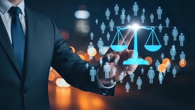 Professional businessman in suit touching digital interface with glowing justice scales and human icons representing legal technology and workforce management.