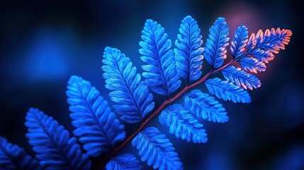 Vibrant, neon-blue fern frond in dark setting