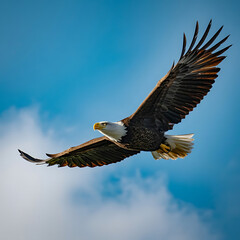 Bald Eagle Soaring Against Blue Sky With White Clouds flying wings spread