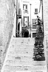 Italia in bianco e nero. Il borgo di Polignano a Mare paese natale del famoso cantante Italiano Domenico Modugno . Puglia, Salento. Italia