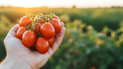 Fresh ripe cherry tomatoes held in hand at sunset with blurred agricultural field background showcasing organic farming and harvest season produce.