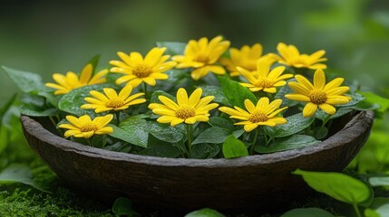 Yellow flowers in a rustic bowl