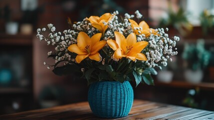 Yellow lilies and white flowers in a teal vase