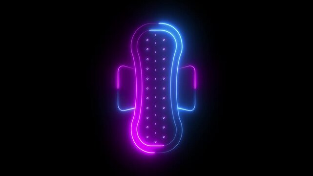 Glowing neon Menstrual pad icon isolated on black background. Feminine hygiene product. Menstruation and sanitary napkin animation. Period menses. Feminine hygiene icon. 4k video animation.