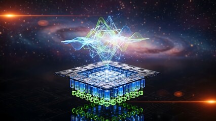 Quantum computing technology with glowing blue and green neural networks