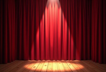 Red theater curtain. Background or wide shot. Front view. Spotlight shining from above