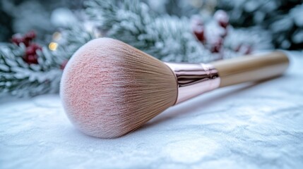 Fluffy makeup brush on snowy surface