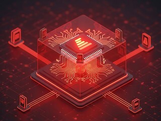 Advanced microchip technology with glowing red circuitry