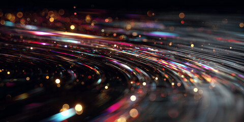 Abstract futuristic background featuring swirling light trails in gold, pink, and cyan colors against a dark backdrop. This dynamic image displays a long-exposure effect with glowing bokeh particles
