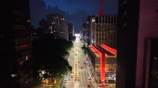 Aerial view of MASP (Museum of Modern Art) at Paulista Avenue by night, S&atilde;o Paulo, Brazil
