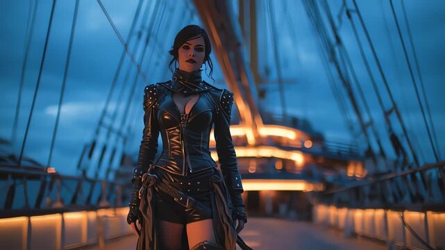 A striking woman in a dark, studded outfit stands on a ship's deck at dusk, with rigging and lights in the background.