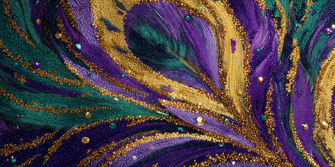 Luxury Mardi Gras abstract background with flowing purple, gold, and emerald green textures. This artistic composition features sparkling golden glitter and vibrant swirling waves 