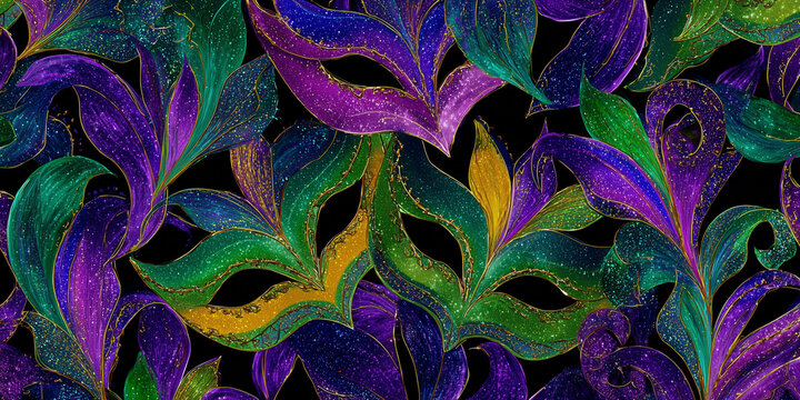 Ornate Mardi Gras seamless pattern featuring masquerade masks and elegant floral swirls on a black background. This luxurious design uses traditional purple, gold, and green colors